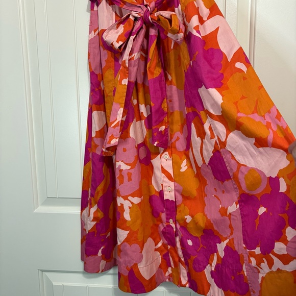 Floral Women Belted Midi Shirt Dress Cap Sleeves Sz S Orange Pink - Picture 3 of 14